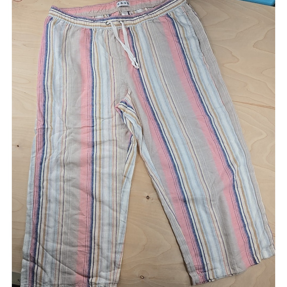 Dash Da-sh Beige/Pink/Blue Women's Linen Blend Capri Striped Cropped Pants L - Picture 1 of 11